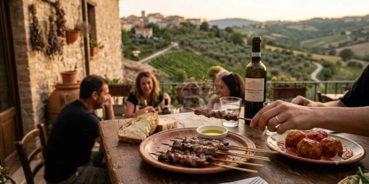 Tavola con arrosticini e vino